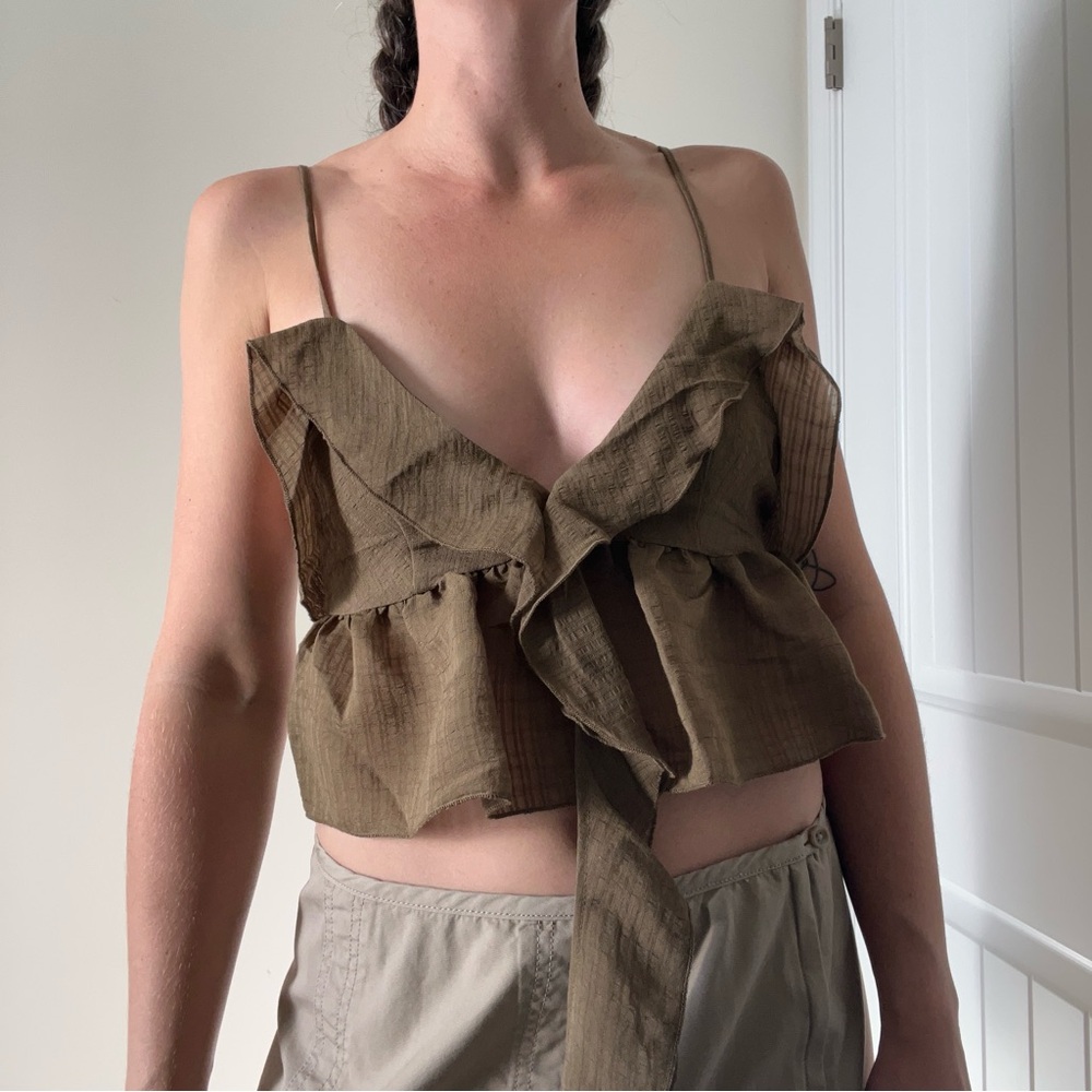 Zara Olive Ruffle Tie-Front Crop Top